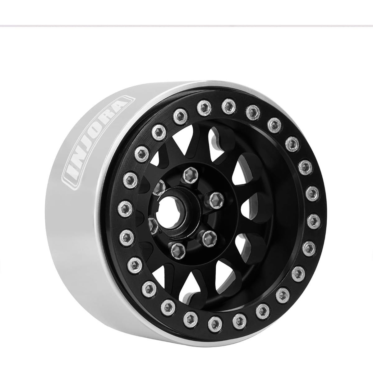 INJORA 1.9 Inch Beadlock Wheel Rim Minus Offset 10.4mm CNC Aluminum Wheel for TRX4 SCX10 Gen8 VS4-10 1/10 RC Crawler Vehicle (Black)