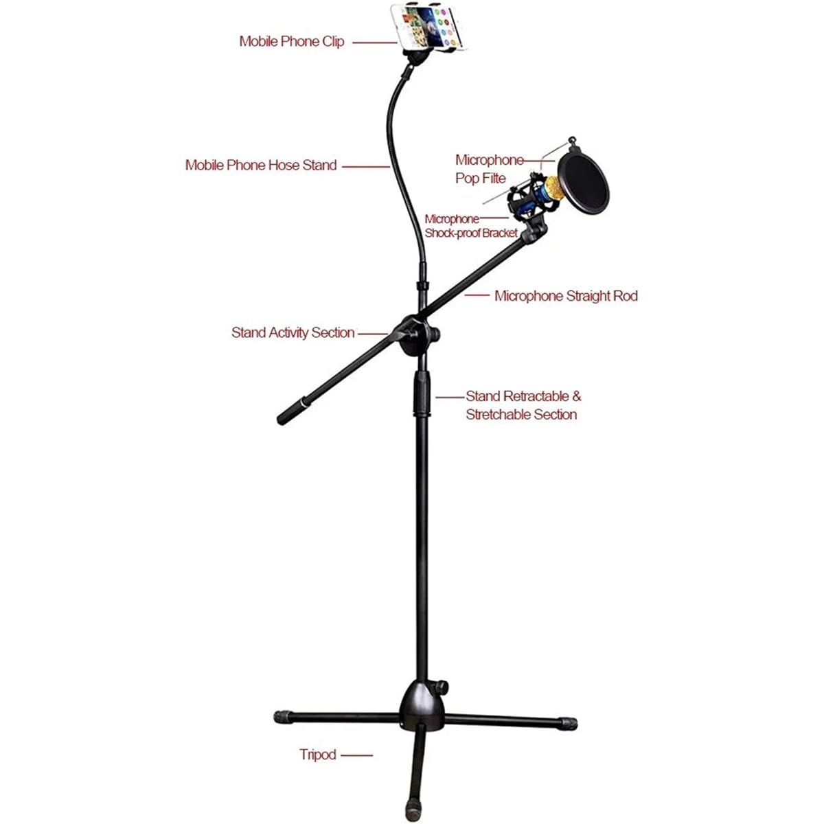 Microphone Stand Microphone Tripod Stand Bracket with Shockproof Mount for Gaming, Chatting (Color: Black, Size: One size)