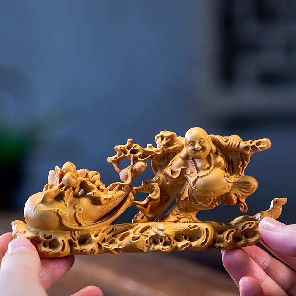 Wood carving Buddha statue Seven Lucky Gods figurine Hotei figurine High quality boxwood wood carving Hotei Feng Shui Money luck amulet (total height approx. 6cm, width 14cm, depth 3.5cm)
