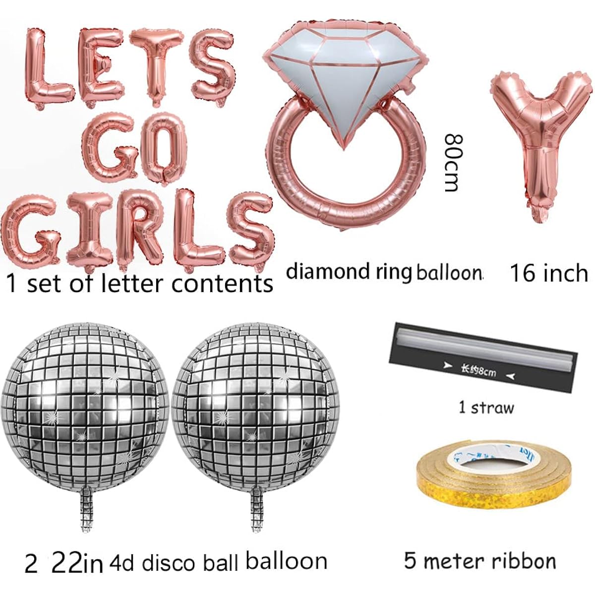 KUNGOON Lets Go Girls Foil Banner Balloons 16 Inch Rose Gold Letter Balloons Disco Balloons Bachelorette Party Decorations Funny Nashville Bridal Shower Balloons with Ring Disco Balloons