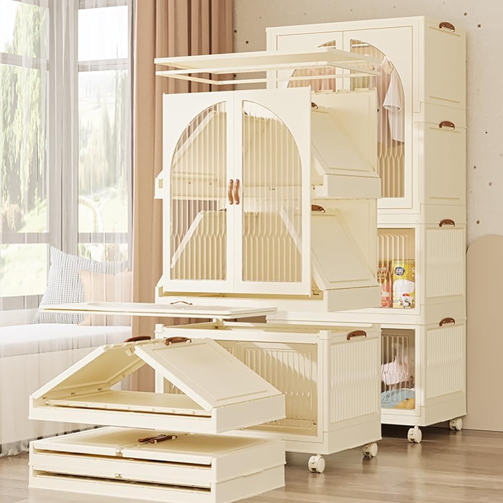 YOSTORYA Wardrobe Folding Closet Installation - Required Plastic Wardrobe (10 Hanger Free Kit Included) Locker Storage Cabinet White Brown Beige Width 70 x Depth 42.5 x Height 161cm