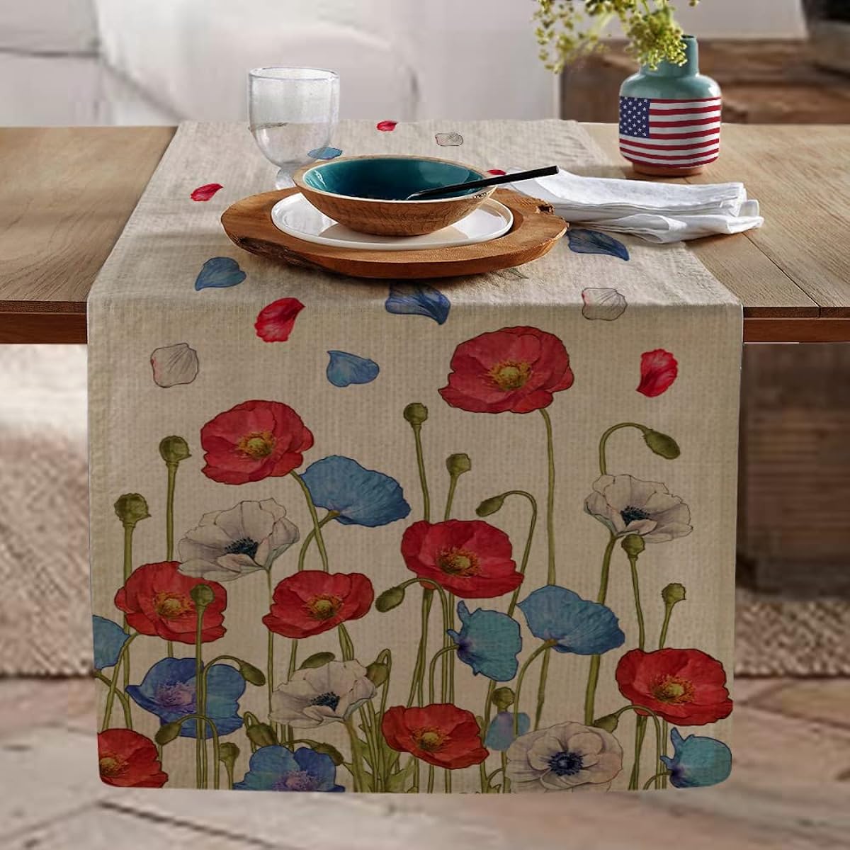 4th of July Decoration Table Runner 13x72inch Memorial Day American Patriotic Floral USA Freedom Liberty Independence Day Decor AT214