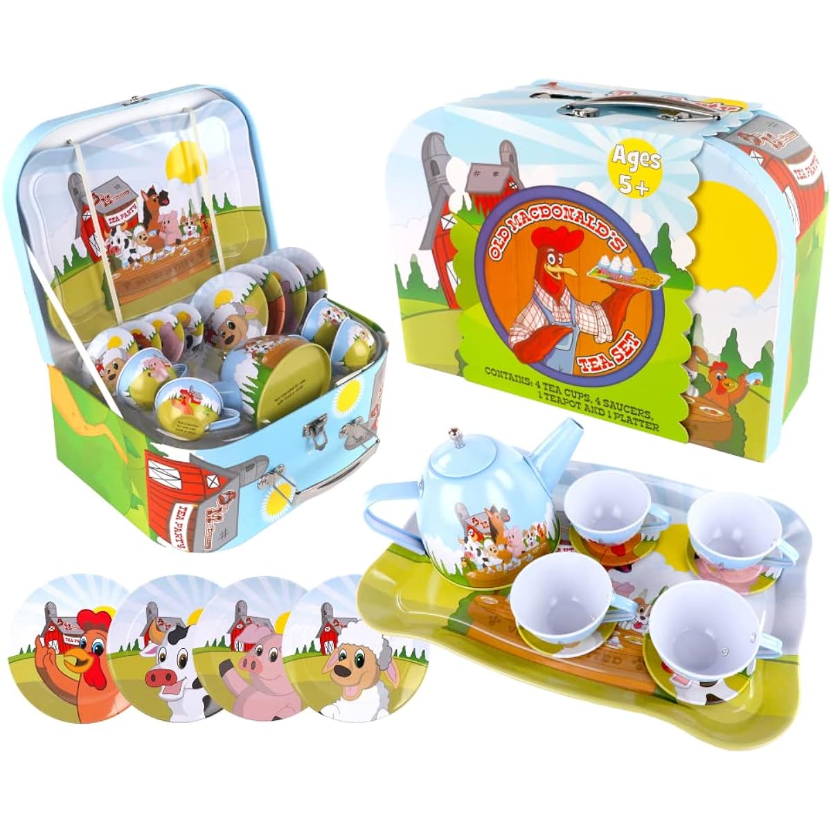 Regal Games - Old MacDonald's Tea Time - Kids Tea Party Set - Barnyard Animals Design - Includes 4 Teacups, 4 Saucers, 1 Teapot, 1 Platter and Storage Case - Ages 5+