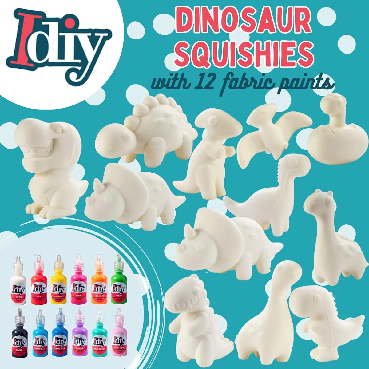 Jumbo Party Craft Kit Dinosaur Squishies (12 Unique Dinosaurs and 12 Fabric Paintings) - White Kawaii Scented Slow Rise Squishy Toys Scented Stress Relief Crafts Kids School Birthday Activity Gifts (4-6 Inches Each)