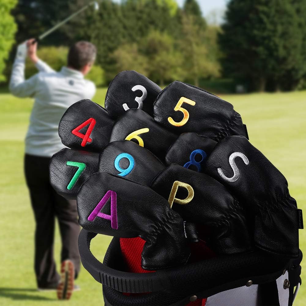 CRAFTSMAN Golf iron cover for left and right hands, 10 pieces (3-9, P, A, S), double-sided count embroidery, wedge cover, long neck, head cover set, elastic closure