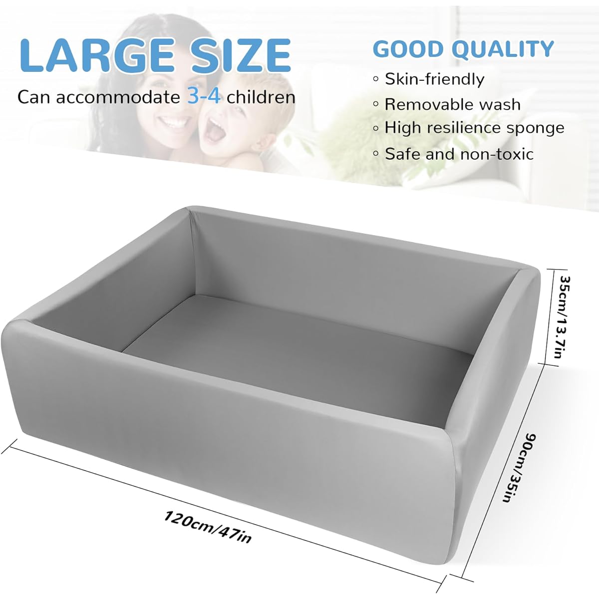 Foam Ball Pit for Kids Toddlers 47 Inch Rectangular Kids Ball Pool Softball Pit Large Size Perfect for Indoor and Outdoor Games (Balls Not Included) Light Gray