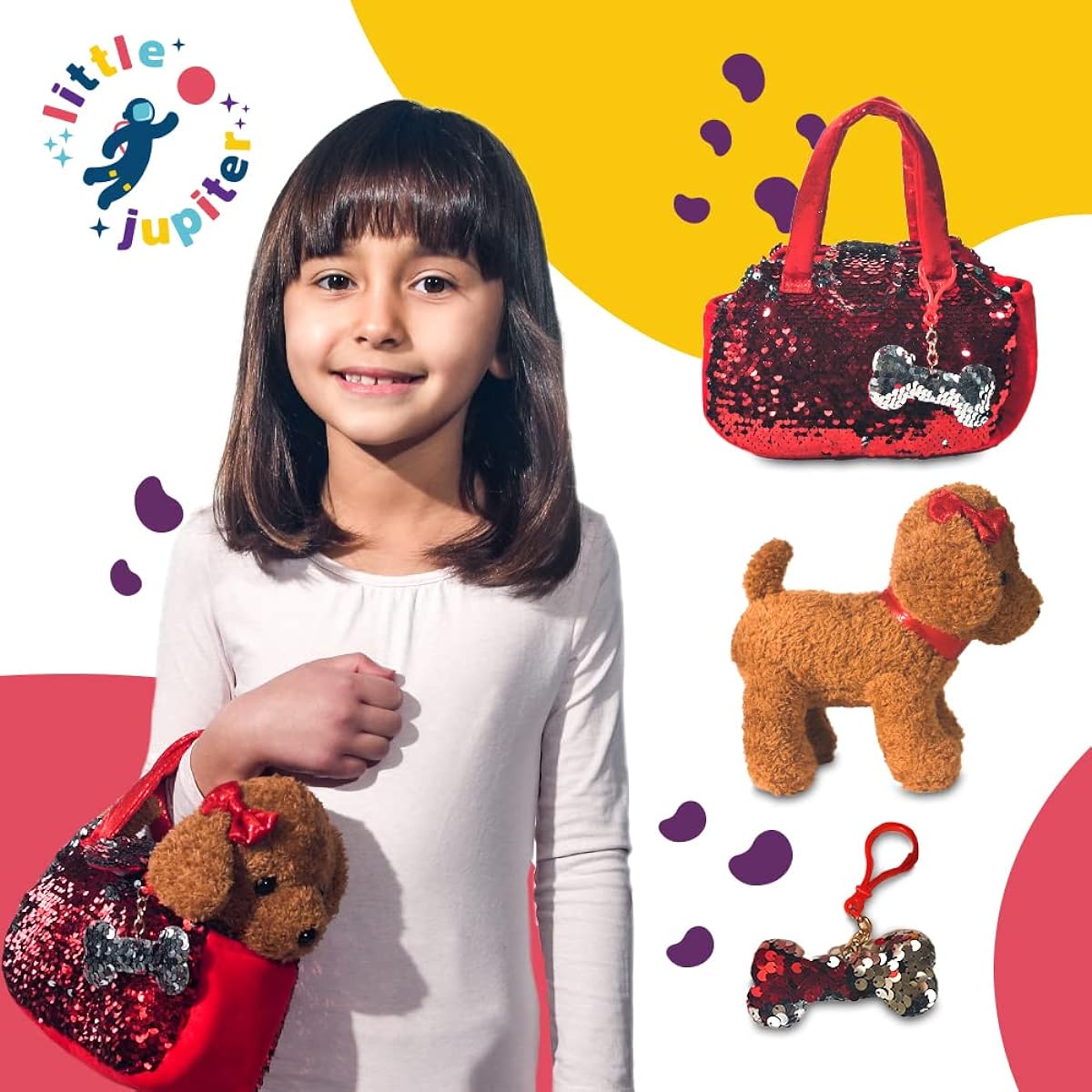 Little Jupiter Stuffed Animal Dog Pet Carrier Set with Purse, Reversible Sequins & Charms - Labradoodle Stuffed Animal Puppy for Girls - Steamy - Toys for 3-4-5-6-7 Year Old Kids - Valentine Stuffed Animal