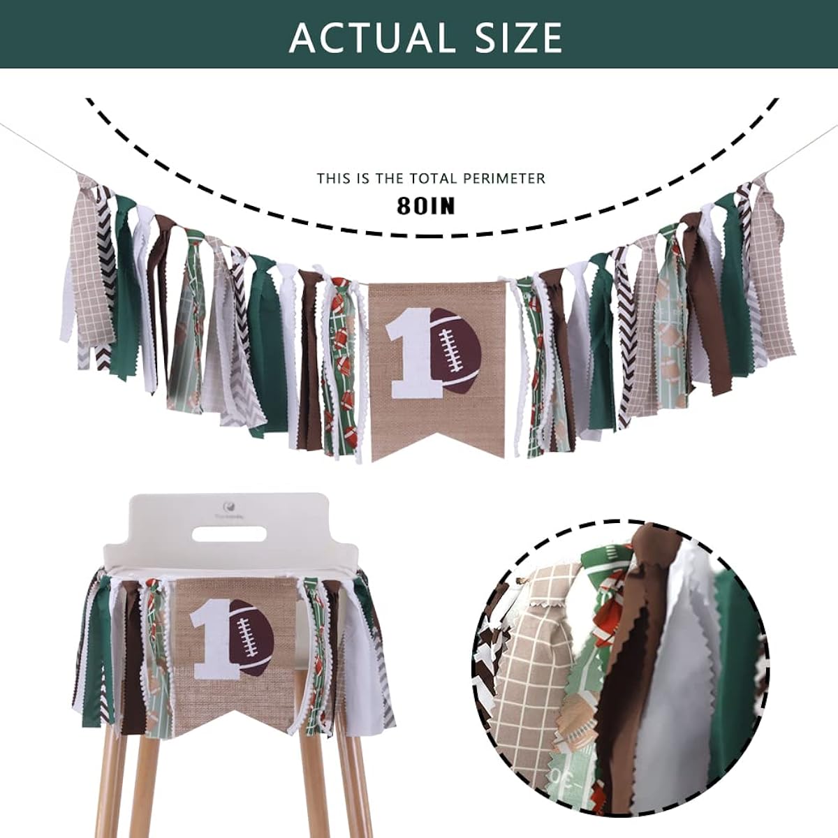 Football First Birthday Highchair Banner - 1st Birthday Highchair Banner for Boys Green White Brown Football Party Birthday Highchair Cake Smash Football Theme 1st Birthday Photo Props
