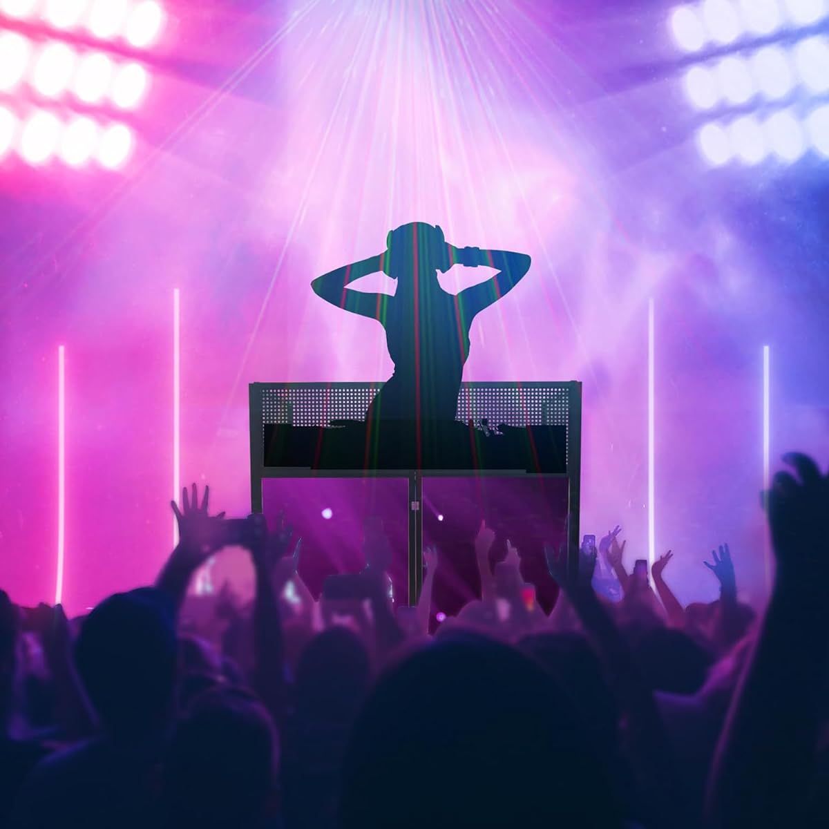 Portable DJ Facade Booth DJ Facade Table Station, 40*40*20inch Foldable DJ Event Flat Table Top with White & Black Scrim, Padded Carrying Bag, Metal Standing DJ Table