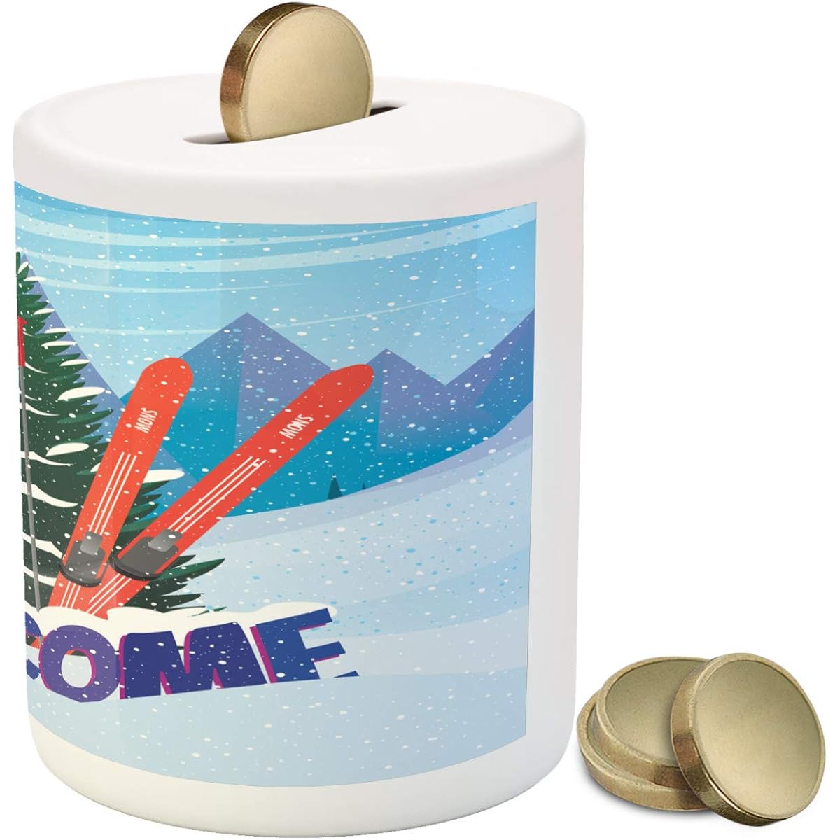 Lunarable Snowboard Piggy Bank - Welcome Engraved Ski Gear Out of the Snow with Pine Tree, Ceramic Piggy Bank for Saving Cash, 3.6" x 3.2", Multicolor