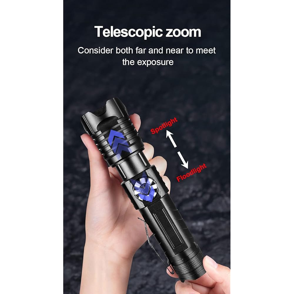 LED Flashlight USB Rechargeable, XHP99 8000 Lumens Super Bright Tactical Flashlight, 4 Modes Stepless Dimming Zoomable Waterproof Powerful Handheld Torch Light for Camping Hiking Emergency