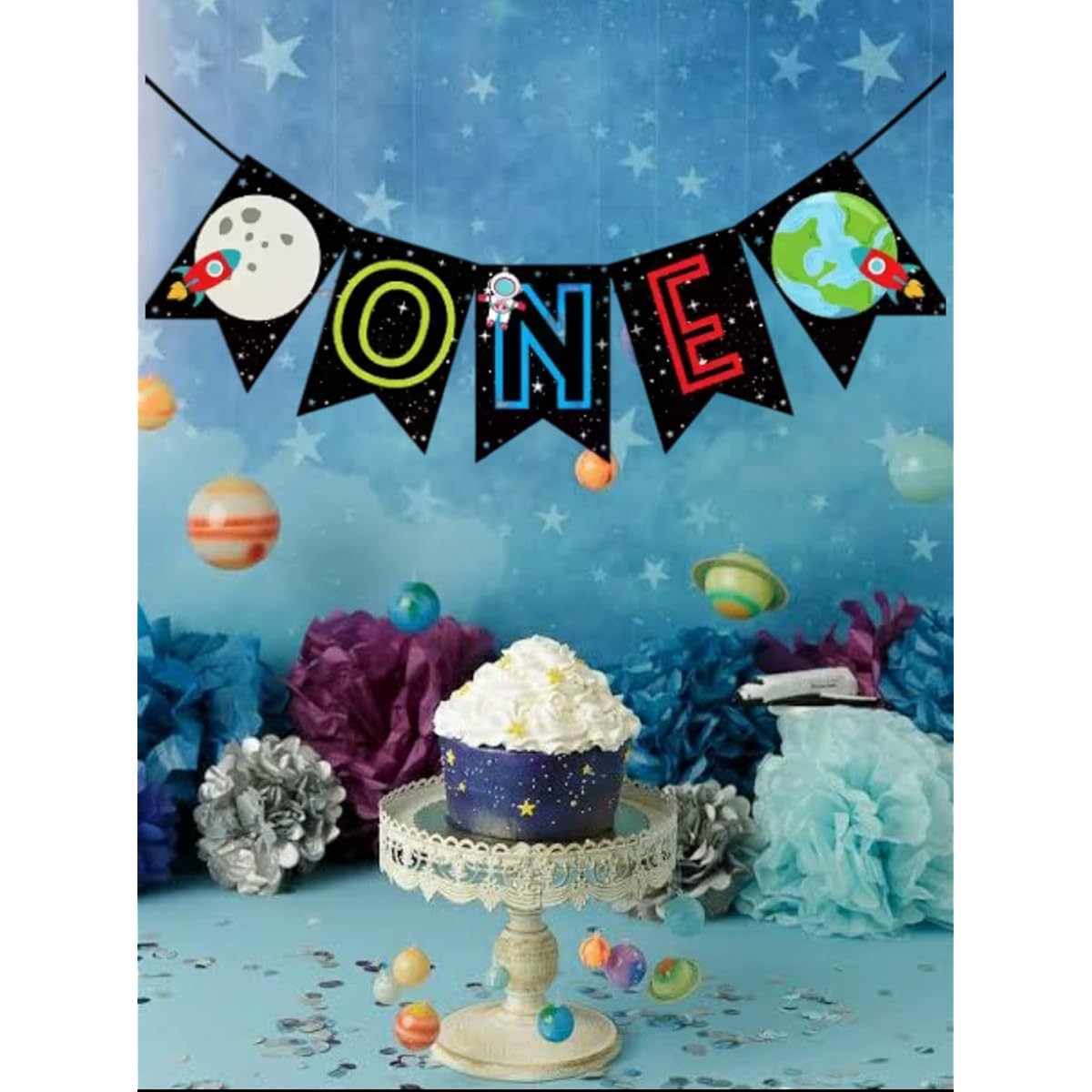 Space Themed 1st Birthday Banner Space Themed Banner Space Rocket High Chair Banner High Chair Banner High Chair Banner High Chair Decorations for Boys 1st Birthday Boy Happy Birthday Banner Boys 1 Year Old