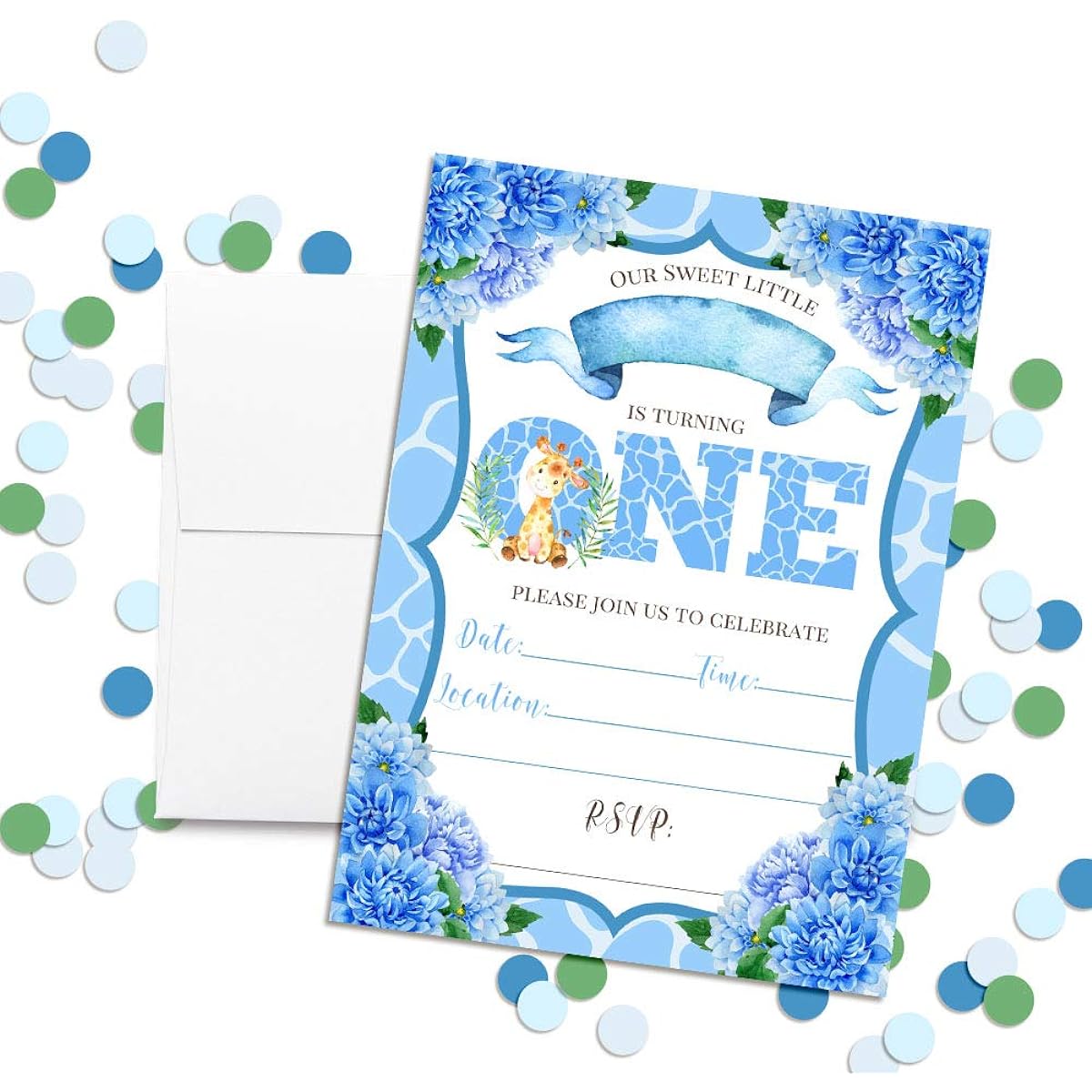 AmandaCreation Watercolor Dahlia Floral Cute Giraffe Boy's First Birthday Party Invitation 5"x7" Includes 20 Cards and 20 White Envelopes