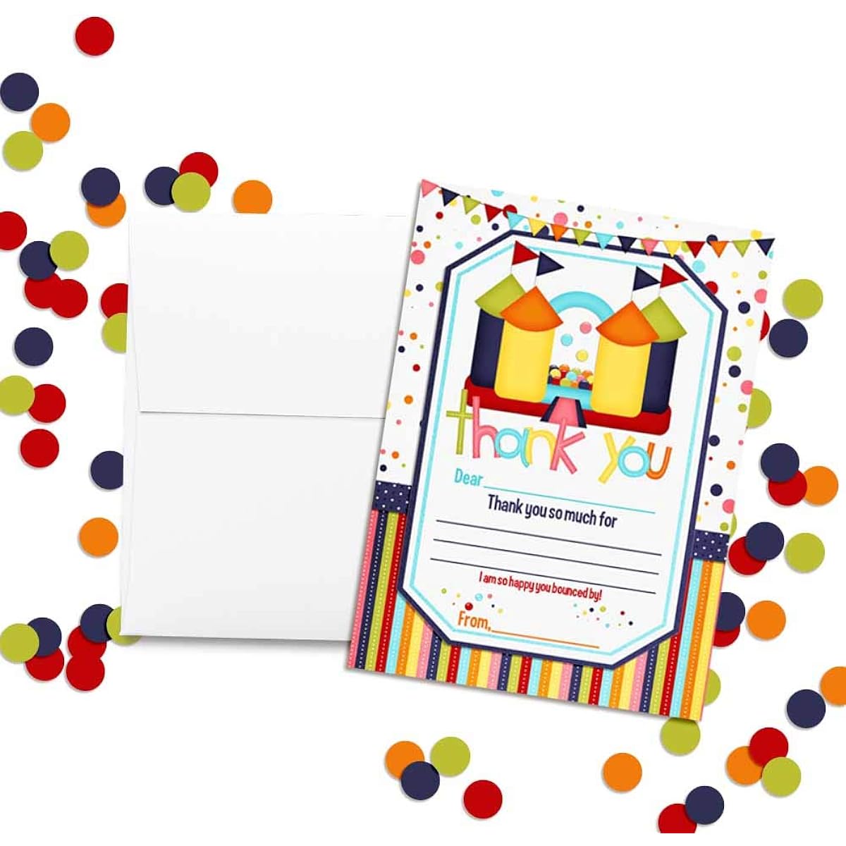 AmandaCreation Bounce House Themed Thank You Cards for Kids - 10 4" x 5.5" Blank Cards with 10 White Envelopes