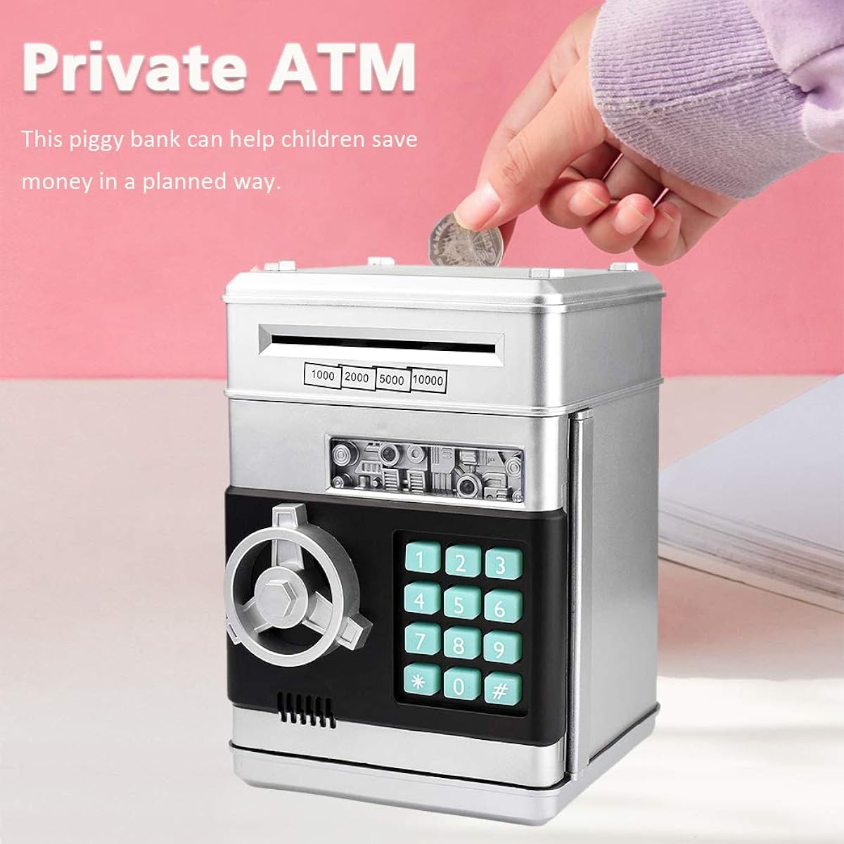 PowerKing ATM Piggy Bank, Electronic Password Money Box, Safe Piggy Bank, Voice Prompt Cartoon Panda Piggy Bank for Kids Ages 3+ (Grey)