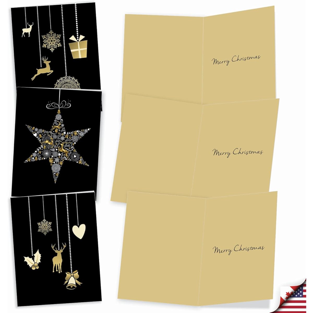 The Best Card Company Golden Holidays - 20 Assorted Boxed Merry Christmas Note Cards with Envelopes (4 x 5.12 inches) - Gold and Silver Christmas Icons on Black AM6723XSG-B2x10