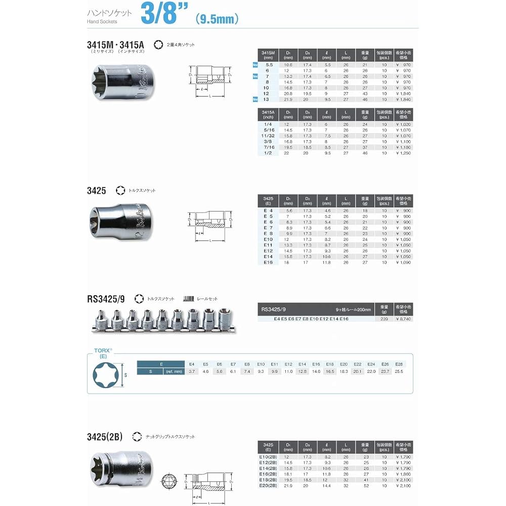 Koken 3/8(9.5mm)SQ. Torx socket rail set 9 pieces RS3425/9