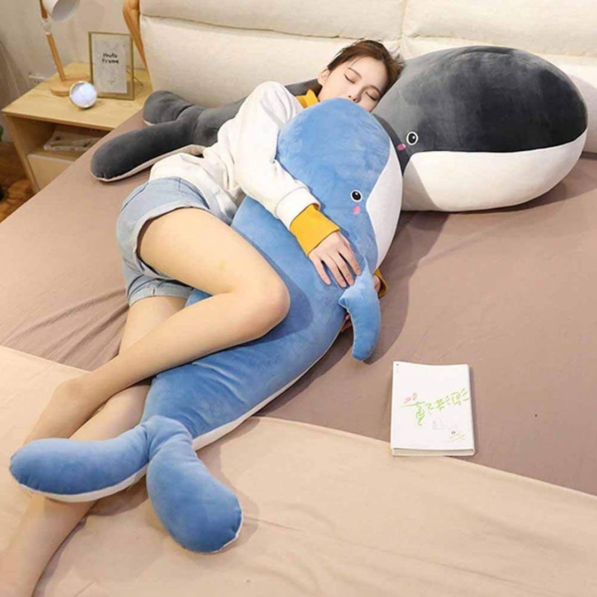 Whale Body Pillow, Extra Large, Whale, Plush Toy, Fluffy, Cute, Sleep-along Character, Marshmallow Feel, Marine Animal, Kids, Girls, Gift, Removable Cover, Washable, Sleepy, Relaxing, Healing, Blue, Black, 50-150cm