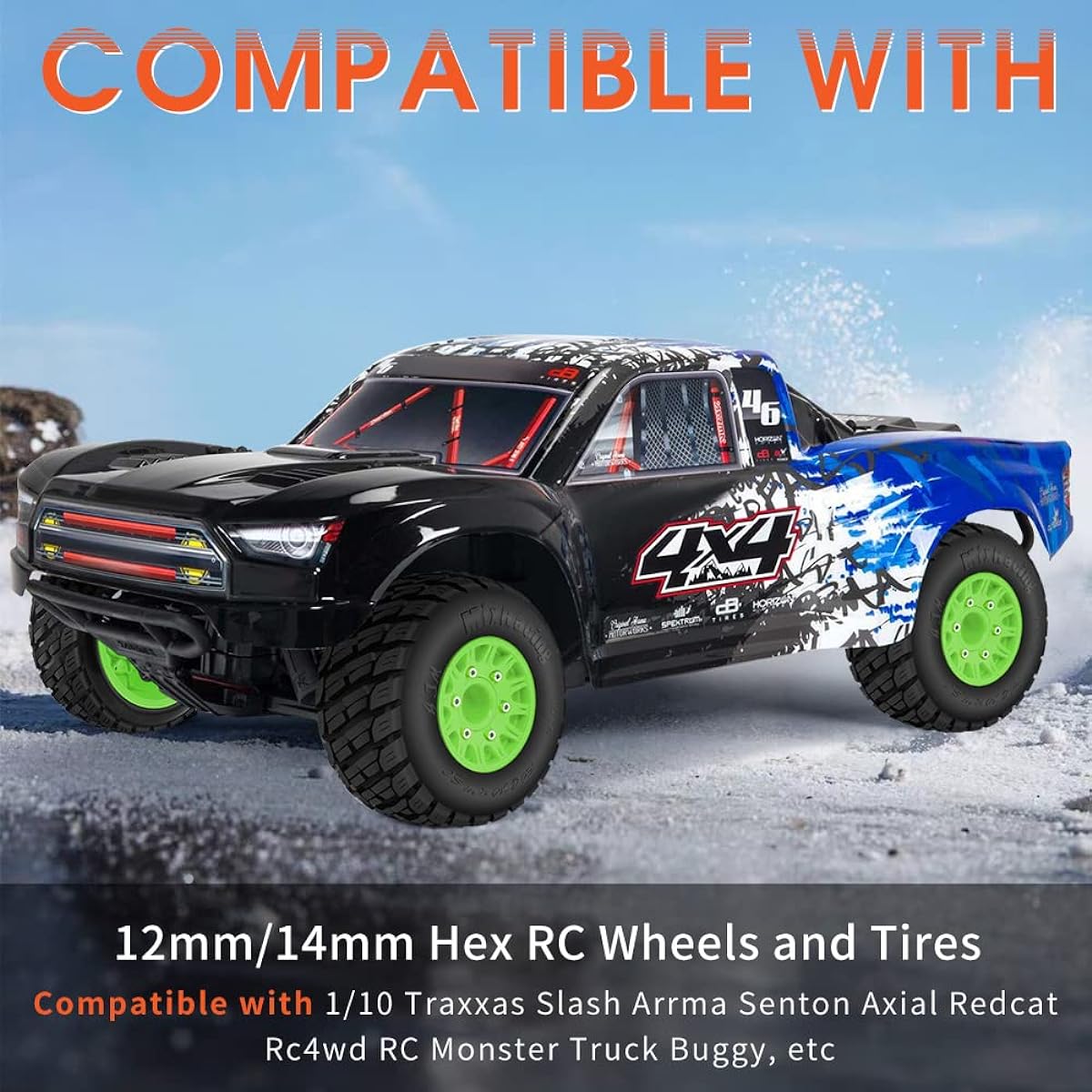 GLOBACT RC Truck Tires 1/10 Scale Alma Senton Tires Traxxas Slash Tires Axial Redcat Rc4wd Hex Detachable Replacement 14mm 12mm RC Wheels and Tires (Green 4 Pieces)