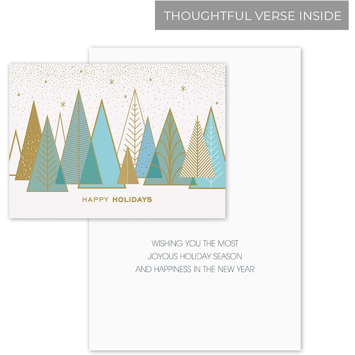 Contemporary Trees Gold Foil Holiday Cards / 15 Boxed Modern Christmas Cards with Glossy Foil Lined Envelopes / 5 5/8 x 7 7/8 Inches Folded Greeting Cards with Inner Text