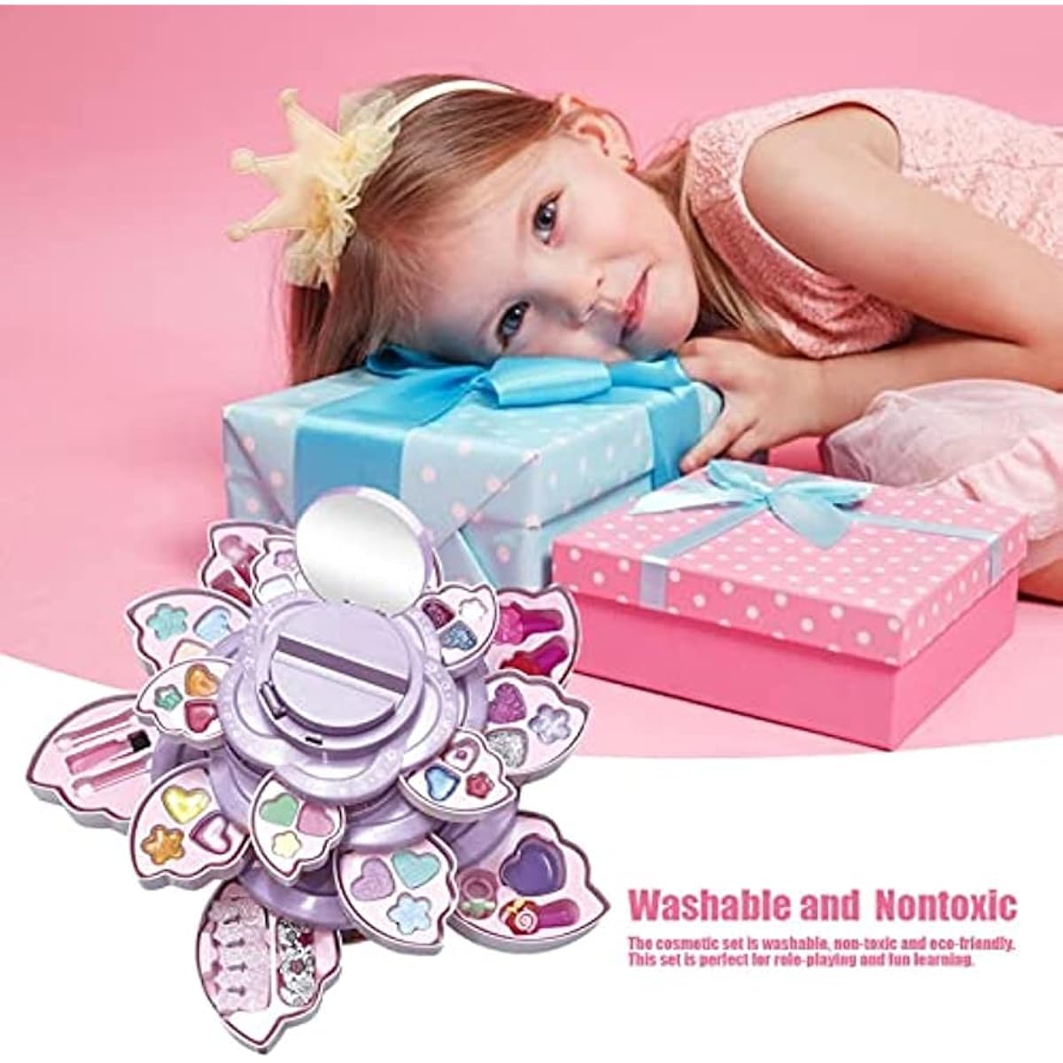 Gift Box Makeup Set for Girls, Pretend Play Makeup Set for Kids (4 Layers, Large)