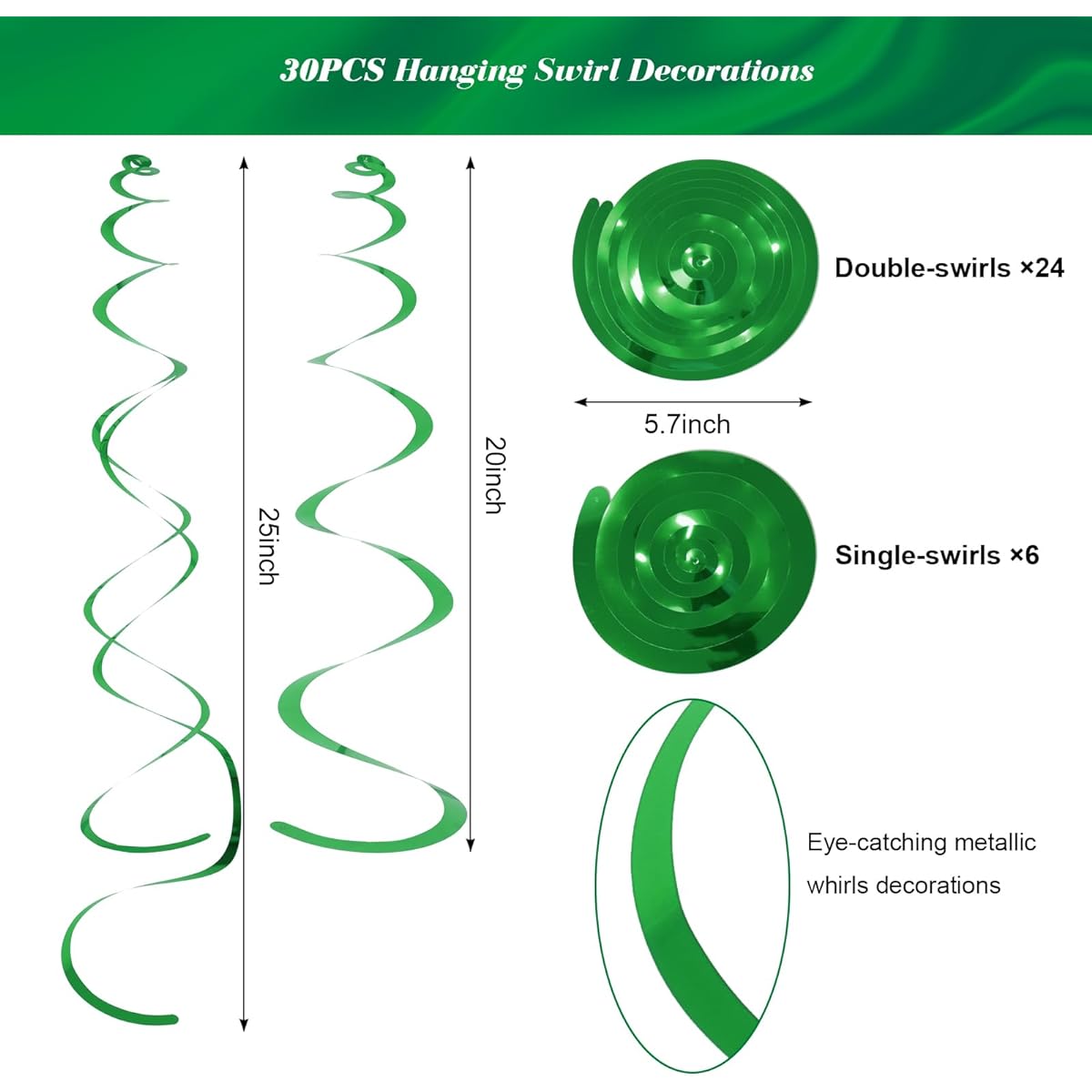 30pcs Party Swirl Decorations, Green Shiny Foil Hanging Swirl Decorations, Double Swirl and Single Swirl Plastic Streamers for Ceiling, Plastic Metallic Streamers for Party Decorations