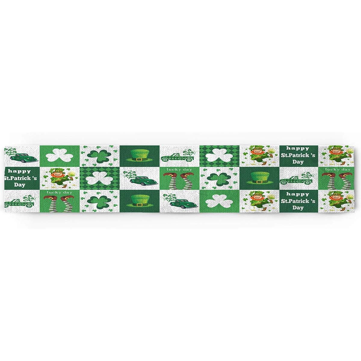 Cotton Linen Table Runner Dresser Scarf St. Patrick's Day Lucky Day Clover Car Crown Non-Slip Burlap Rectangular Table Setting Decoration for Wedding Party Holiday Dinner Home (13 x 70 Inches) Green White
