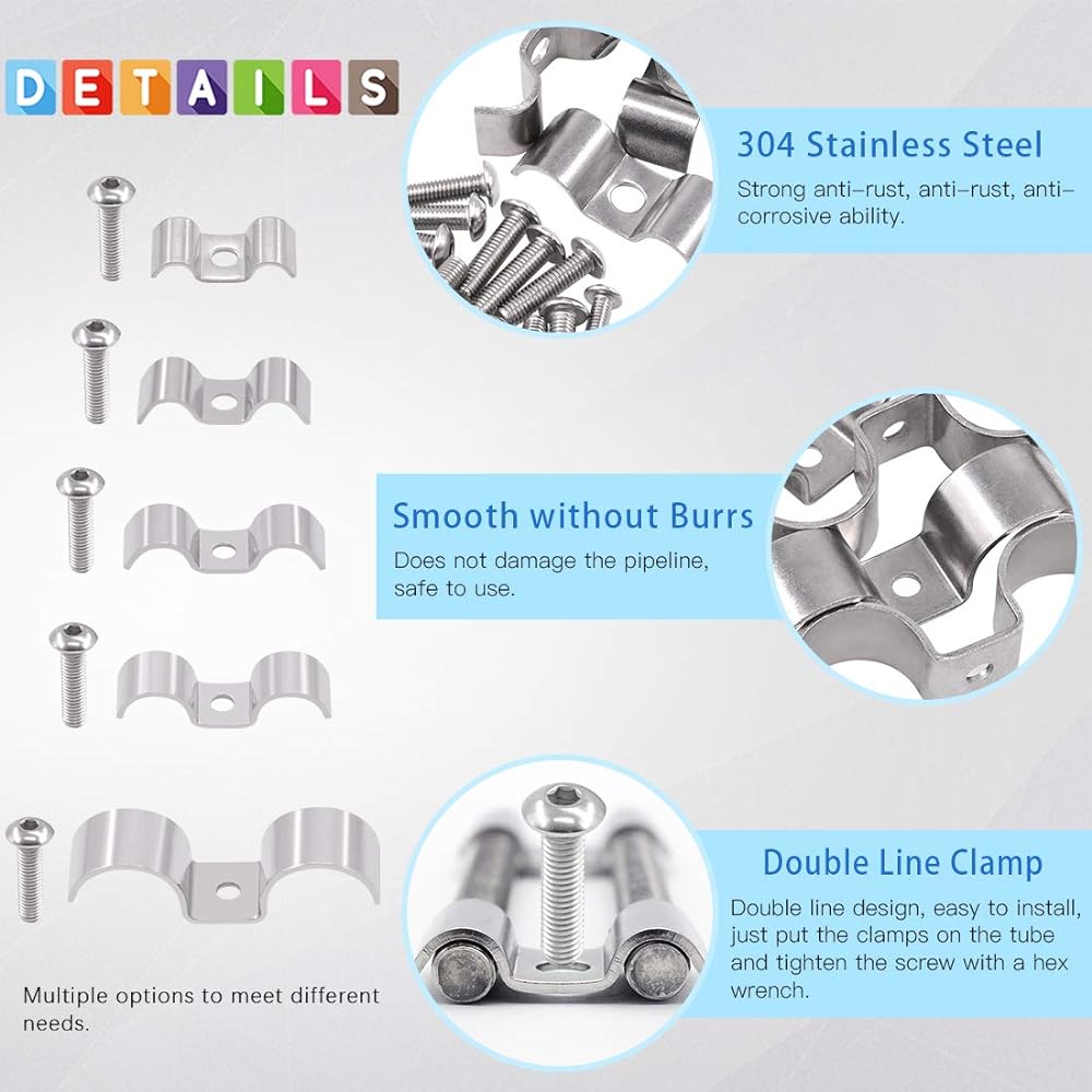 Glarks 50 Pieces 5/16" 3/8" 1/2" 5/8" 1" Stainless Steel Double Line Clamps Fuel Line Clips with Mounting Screws Assortment Kit for Brake/Fuel Lines/Tubing