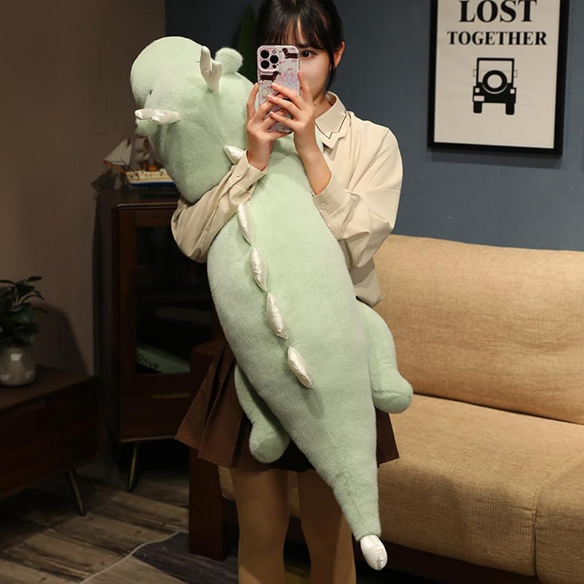 Cute Dragon Plush Pillow Animal Fluffy Stuffed Toy Backrest Cushion Birthday Gift Interior Decoration (140cm, Green)