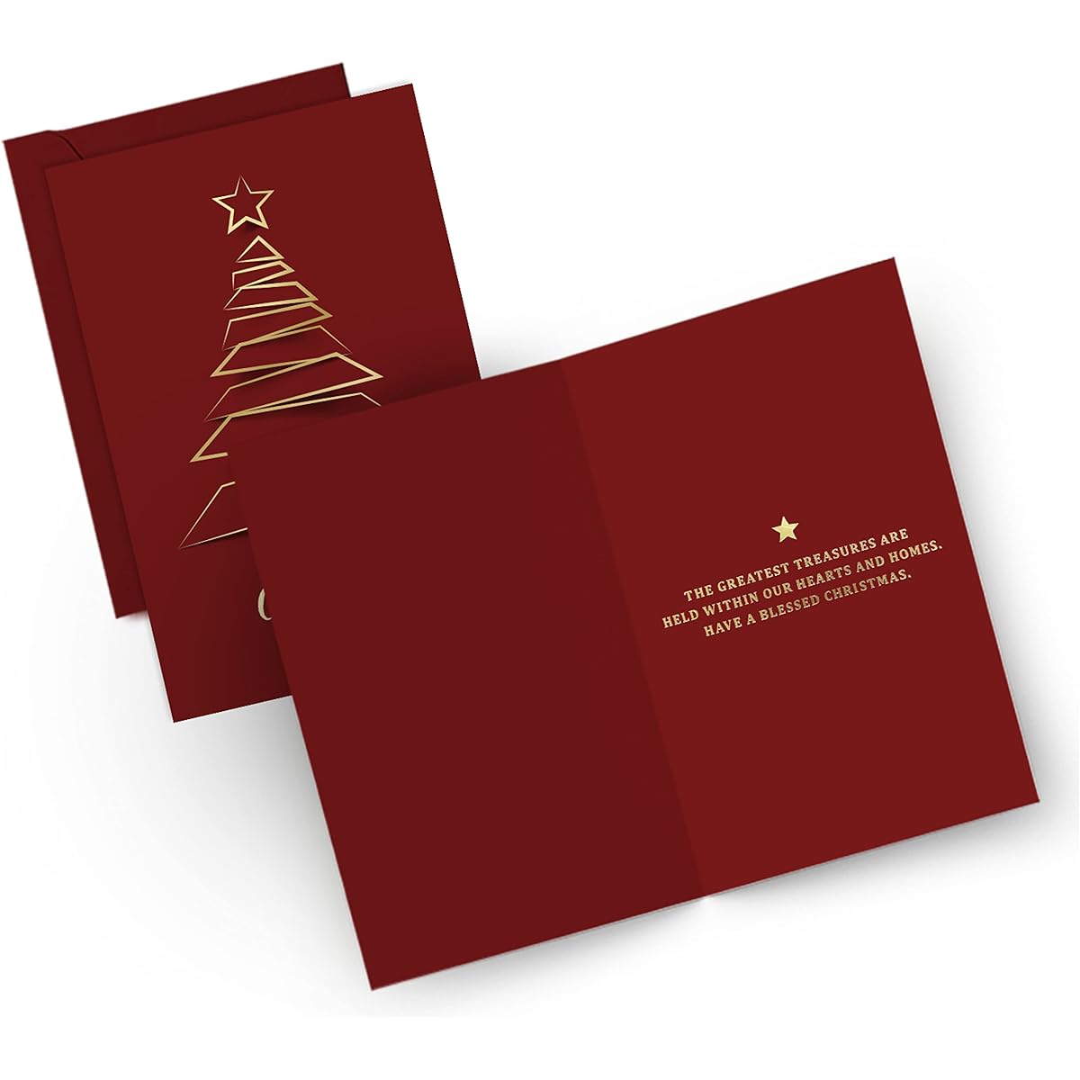 Christmas Greeting Cards with Gold Foil Christmas Tree | 100 Cards - Dark Red Self Paper with Red Envelopes | 6.75 x 4.5 Inch Merry Christmas Cards with Seal Stickers for Friends, Family and Loved Ones (Pack of 5)