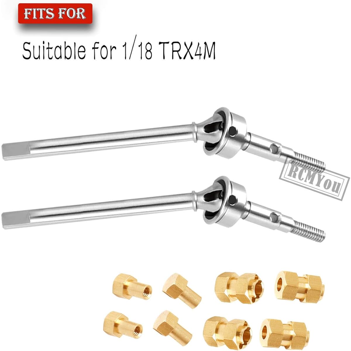 RCMYou RC Upgrade Parts for 1/18 Traxxas TRX4M 4pcs Front & Rear Drive Shaft CVD & Brass 10mm Extended Wheel Hex with 6mm Extender Adapter Hop Up Silver