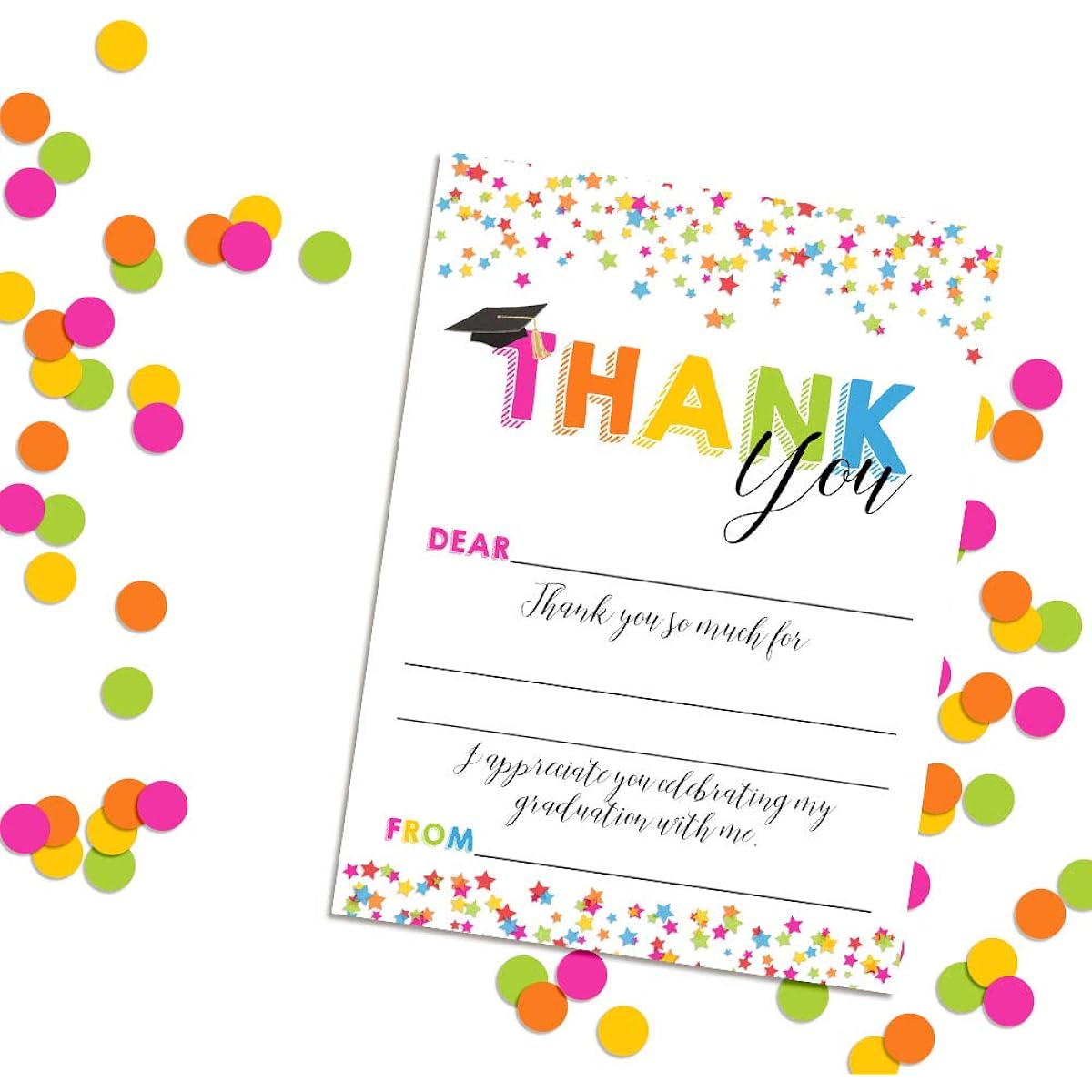 AmandaCreation Star Confetti Graduation Theme Thank You Notes - 10 4 x 5.5 Inch Blank Cards with 10 White Envelopes