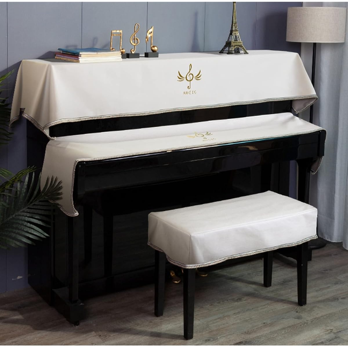 ece set, top cover + key cover + chair cover, electronic piano, cloth, soft, European style, stylish, musical note pattern, light blocking, dustproof, lightweight, stain resistant, thick, dustproof cover, piano protection cover, piano hanger, piano cover