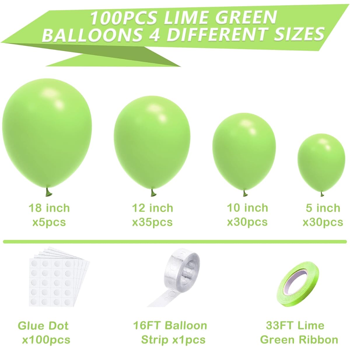 Lime Green Balloon Garland Arch Kit 100 Pieces 18" 12" 10" 5" Lime Green Latex Balloon Garland Arch Kit with Glue Dot Strips and Ribbons for Birthday Wedding Anniversary Graduation Party Decorations