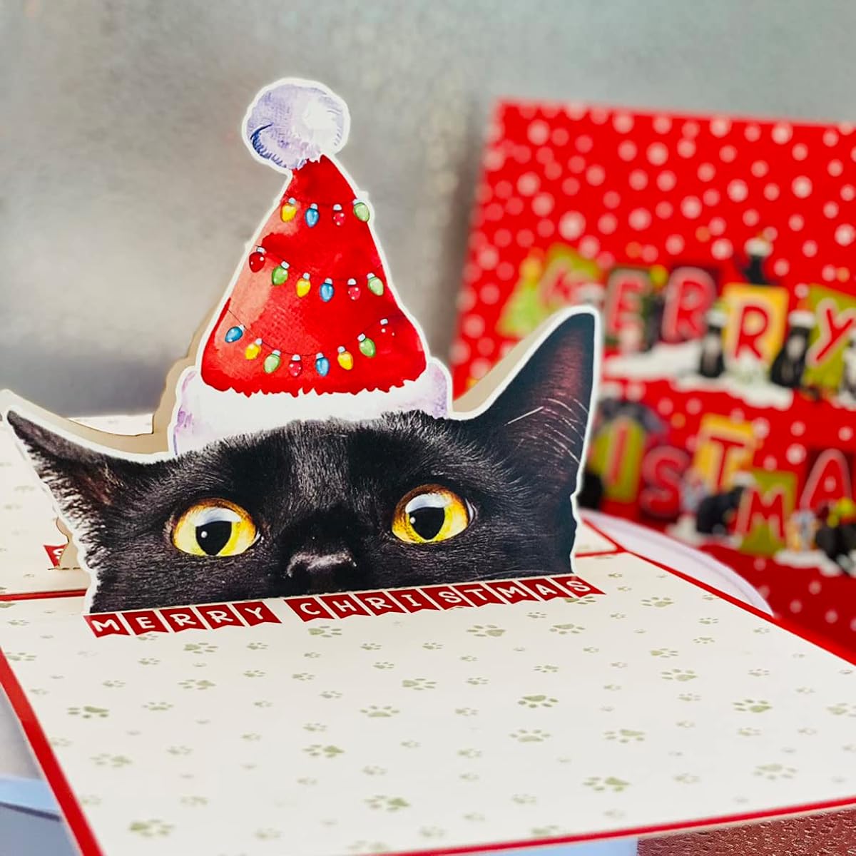 Black Cat Christmas Card - 3D Pop Up Card with Envelope - Meowy Christmas Greeting Card for Cat Lovers