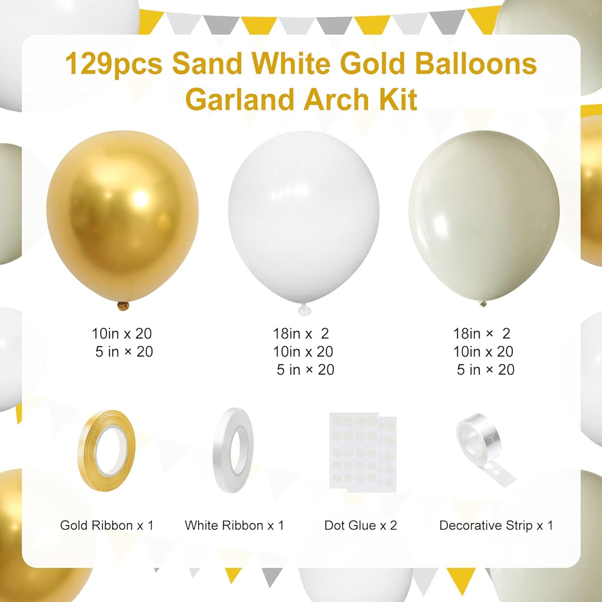 White Gold Beige Balloons Arch Kit, 129 Pcs White Sand Gold Balloon Garland with Nude Balloons for Boho Wedding, Birthday Party Decoration, Baby Shower, Gender Reveal, Anniversary, Engagement