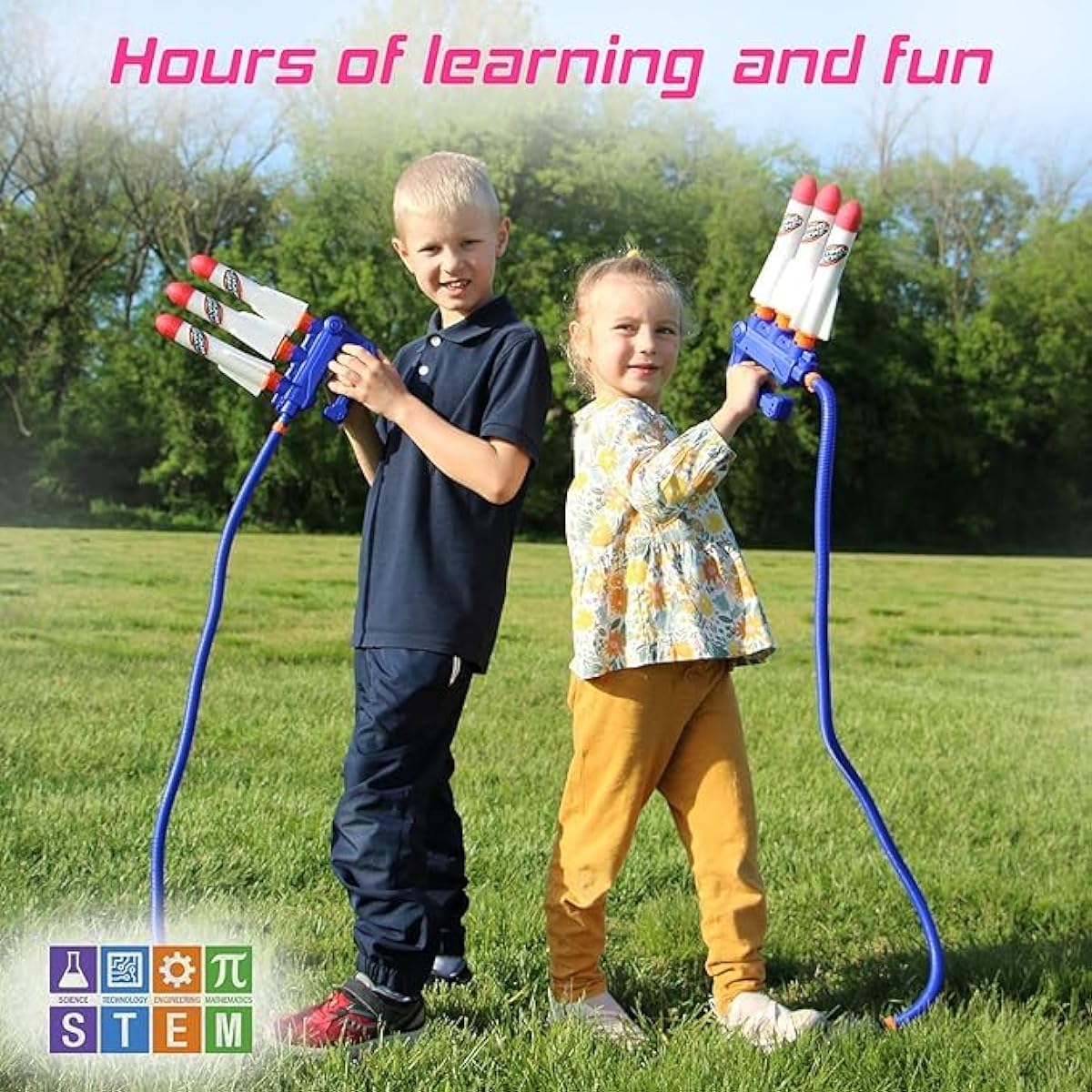 Bounce Rocket Launcher for 2 Players, Adjustable 2-in-1 Jump Rocket Set with Sturdy Launch Pad and 4 LED Rockets, Fly Up to 150 Feet, Fun Outdoor Toy for Kids