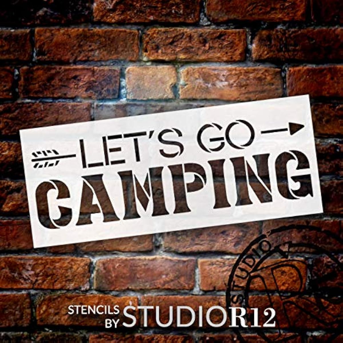 StudioR12 "Let's Go Camp" Stencil with Arrows, DIY Country Rustic Home Decor, Camper Adventure Word Art, Craft & Paint, Wood Sign, Reusable Mylar Template, Choice of Sizes (12" x 8")