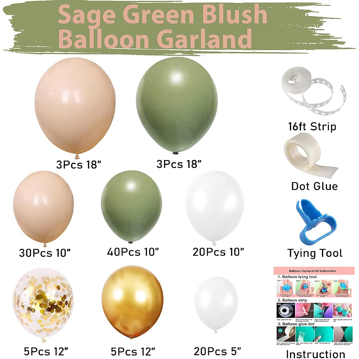 Sage Green Blush Eucalyptus Balloon Garland Kit, 131pcs Sage Green Blush Balloons with Artificial Eucalyptus Leaf Stems for Baby Bridal Shower Birthday Safari Party Decorations