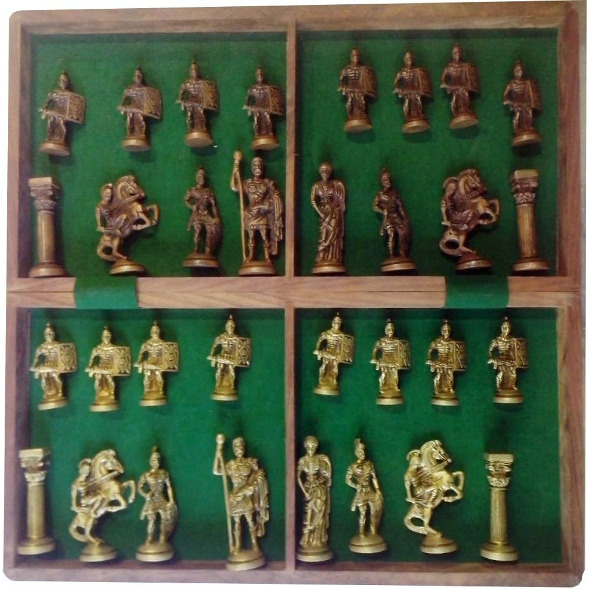 Artvarko 16" x 16" Wooden Foldable Chess Game Board Set + Brass Roman Figure Pieces