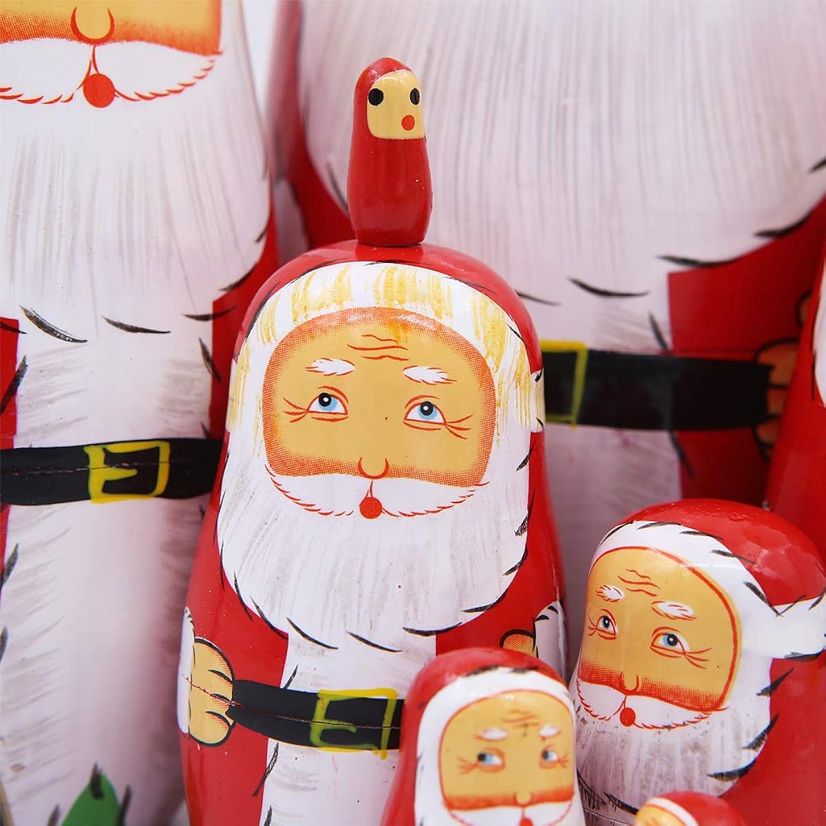 Set of 8 Cute Santa Claus White Beard and Black Belt Nesting Dolls Wooden Craft Matryoshka Russian Dolls for Kids Stacking Toys Children Christmas Birthday Gift Home Decoration