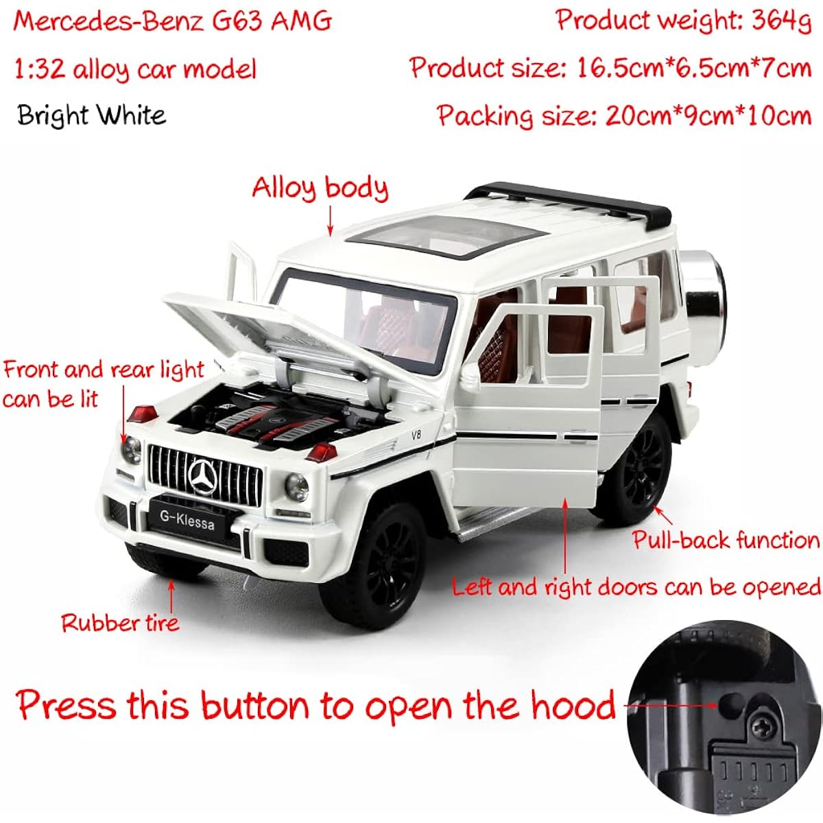 iLooboo Alloy Collectible White Benz G63 AMG Toy Vehicle Pull Back Diecast Car Model with Lights and Sounds
