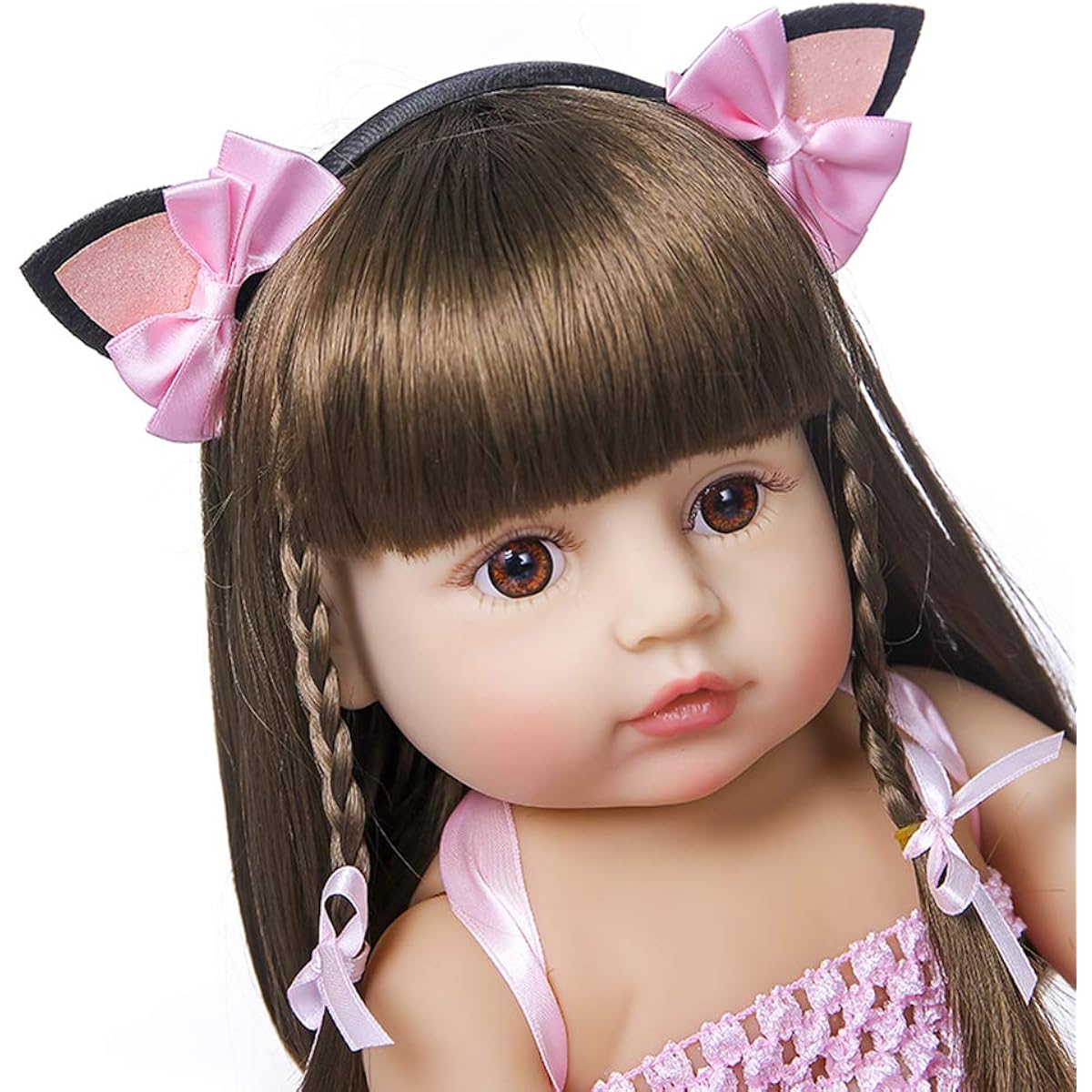 MIANBAO 22inch Reborn Baby Doll Silicone Full Body Lifelike Cute Bath Doll Baby Gift Doll Cat Ears Hairband & Pink Dress