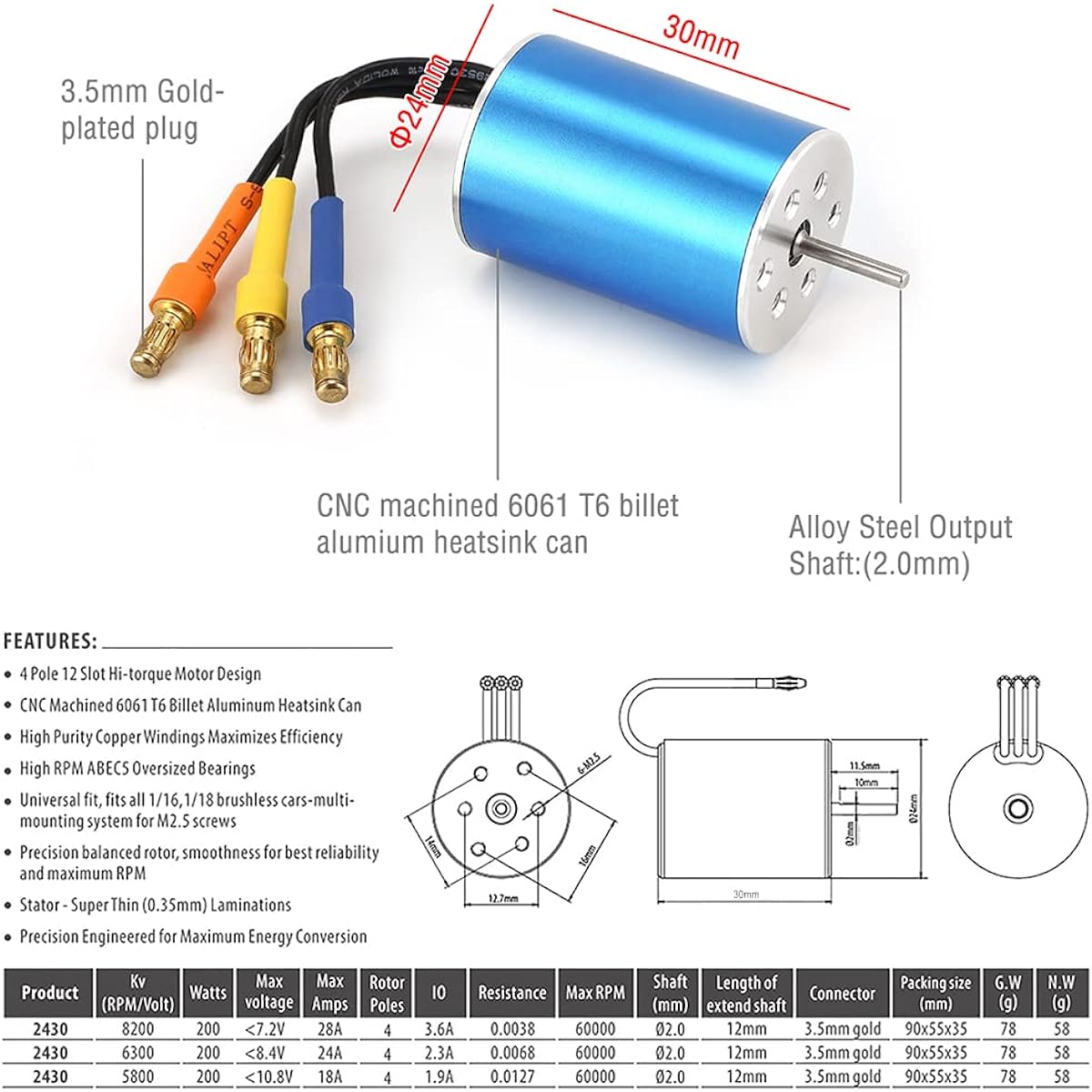 KingVal Replacement 2430 7200KV Waterproof Sensorless Brushless Motor Shaft 2mm 25A Brushless ESC Compatible with 1/16 1/18 RC Car