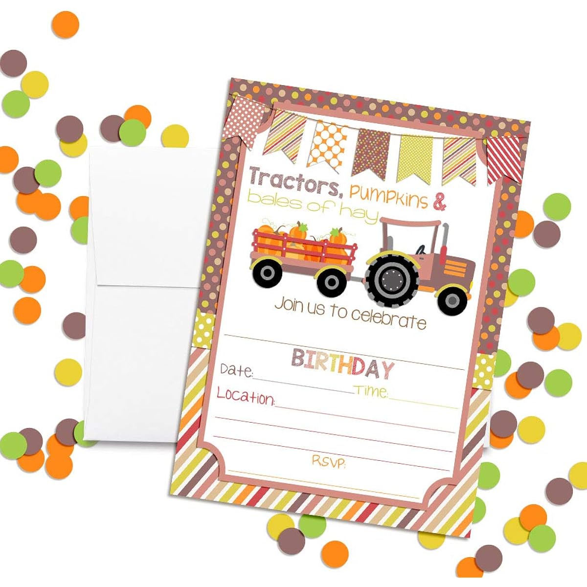 AmandaCreation Fall Tractor with Pumpkins Birthday Party Invitations for Girls, 5"x7", 20 Cards with White Envelopes