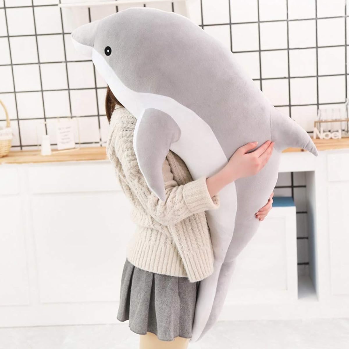 animal, extra large, huggable pillow, present, gift, birthday, fluffy, soft, cute, dolphin-stitched wrapping, child, wedding, birth gift, soothing, interior, bedroom, cushion, decoration, comfortable to hug, side-sleeping, gray, washable, nursery, 160cm