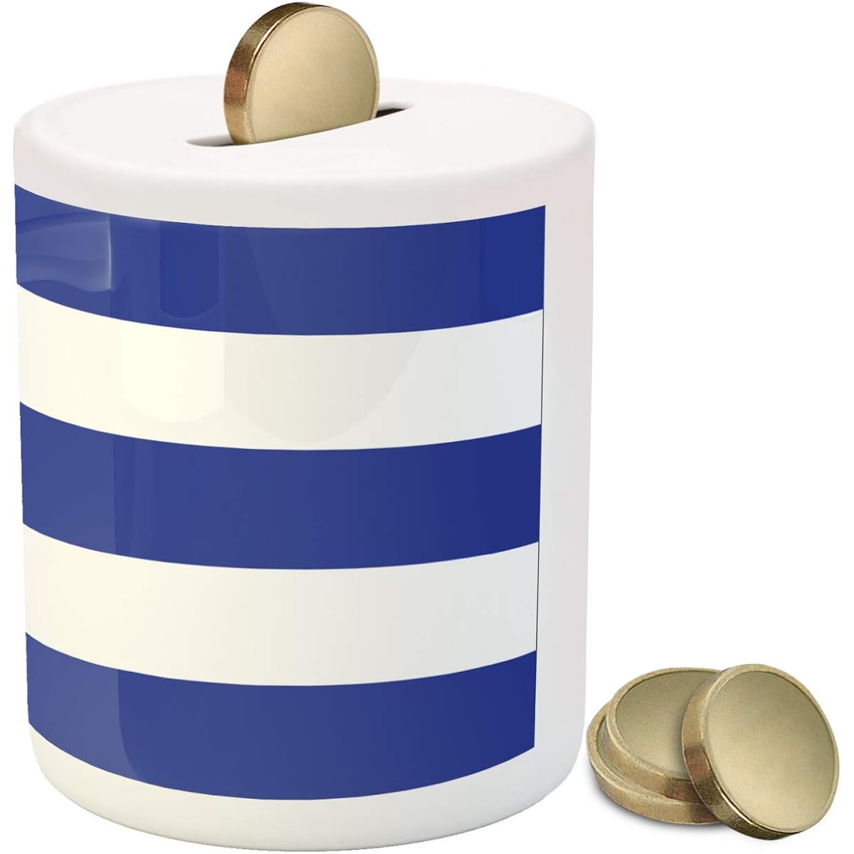 Lunarable Cuban Piggy Bank, Simple Design, Symbolic Items of the Flag and Stars, Ceramic Coin Bank, Piggy Bank, 3.6" x 3.2", Blue White, Vermilion