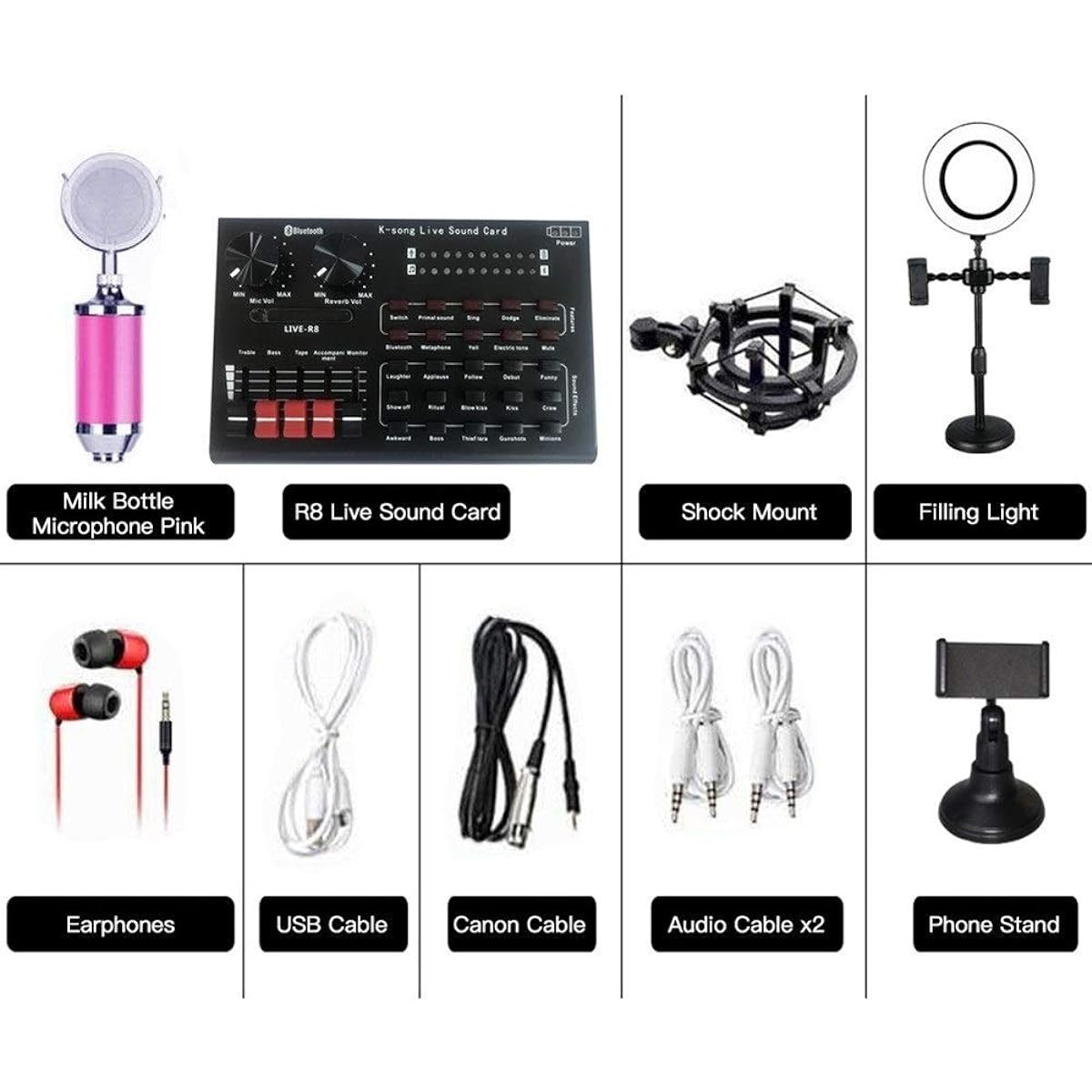 R8 Live Sound Card Earphone Microphone Phone Stand Microphone Tripod Stand for Live Broadcasting, Recording, Broadcast Video Conferencing, etc. (Size: 6)