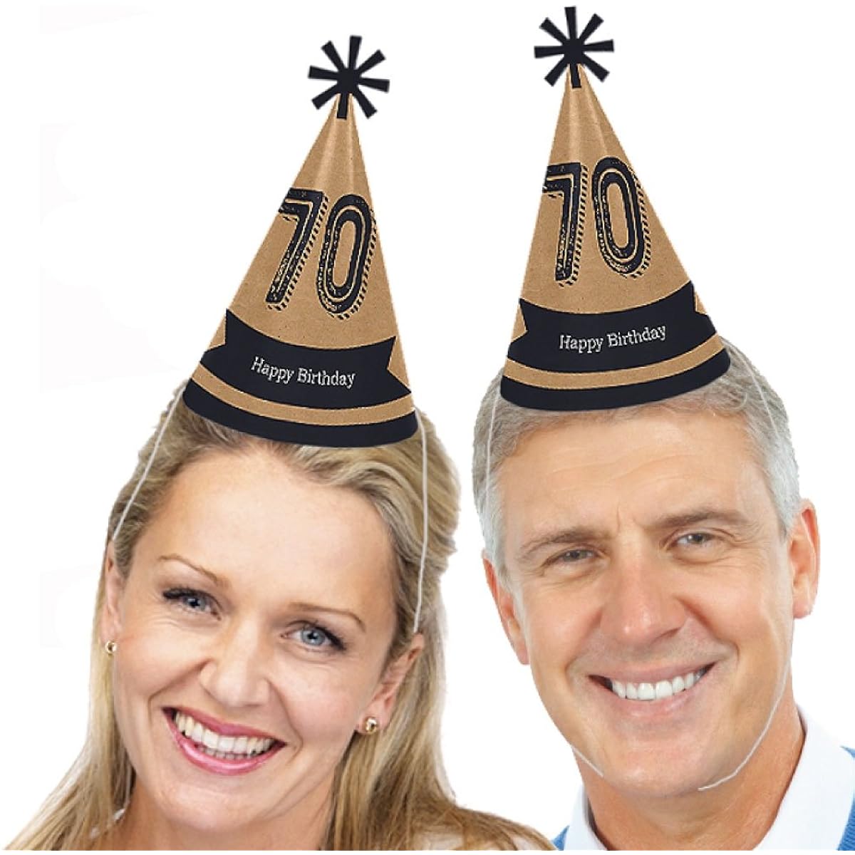 70th Milestone Birthday - Dashingly Aged to Perfection - Conical Happy Birthday Party Hats for Kids and Adults Set - 8 (Standard Size)