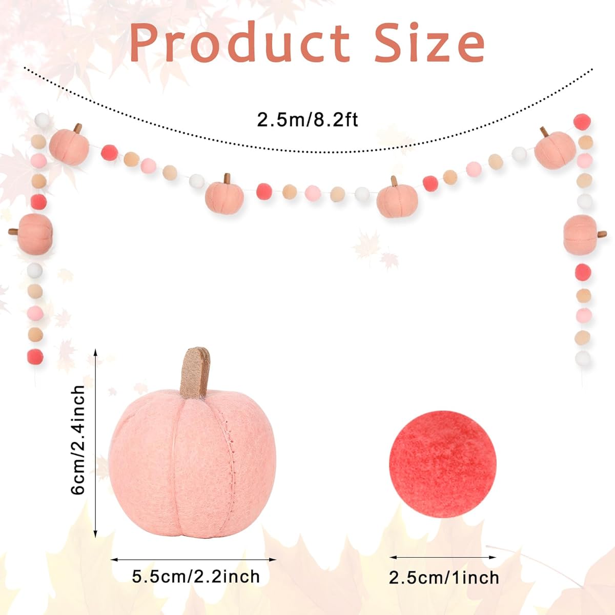 Whaline 8.2ft Fall Felt Pom Pom Banner Pink 3D Pumpkin Shape Felt Hanging Garland Colorful Pom Pom Balls Preassembled Banner Fall Thanksgiving Home Mantel Wall Window Decor Party Supplies